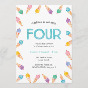 4e verjaardagsfeestje   Rainbow Ice cream uitnodig Kaart