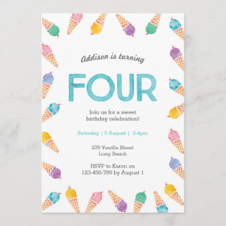 4e verjaardagsfeestje | Rainbow Ice cream uitnodig Kaart