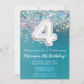 4e Verjaardagsuitnodiging Blauwgroen Zilveren Glit Kaart (Voorkant)