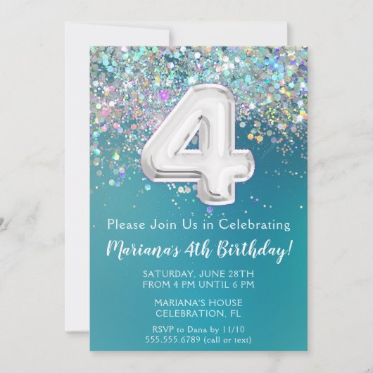 4e Verjaardagsuitnodiging Blauwgroen Zilveren Glit Kaart (Voorkant)