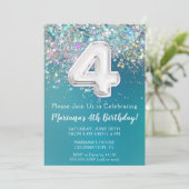 4e Verjaardagsuitnodiging Blauwgroen Zilveren Glit Kaart (Staand voorkant)