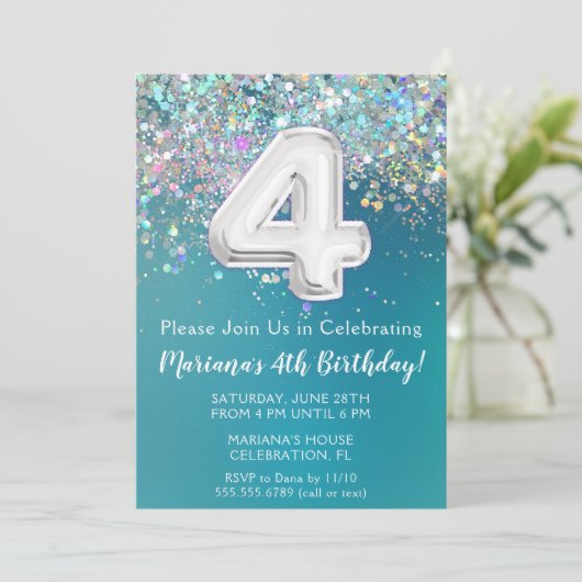 4e Verjaardagsuitnodiging Blauwgroen Zilveren Glit Kaart (Staand voorkant)