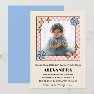 4e verjaardagsuitnodiging Retro Groovy Blauwe Bloe Kaart