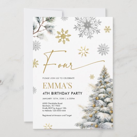 4e verjaardagsuitnodiging, Winter Four Birthday Kaart (Voorkant)