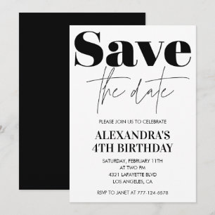 4e verjaardagsuitnodiging Zwart Wit Save the date Kaart