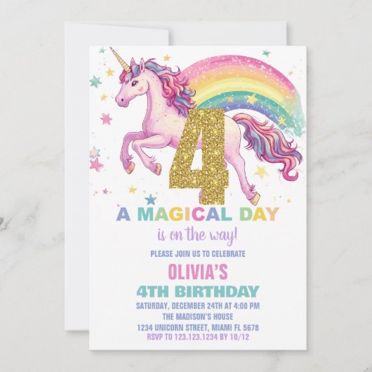 4e verjaardagsuitnodigingen van de eenhoorn kaart (Voorkant)