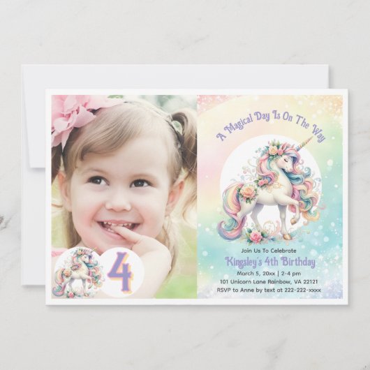 4e Vierde Eenhoorn Verjaardagsfeest Pastel Rainbow Kaart (Voorkant)