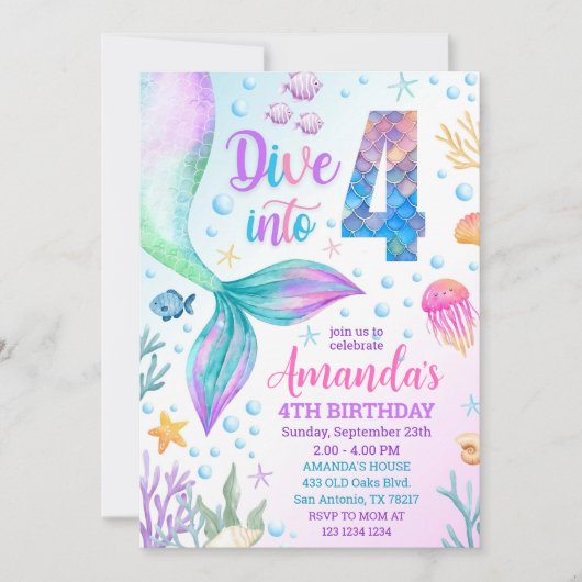 4e zeemeermin uitnodiging, Duik in vier zeemeermin Kaart (Voorkant)