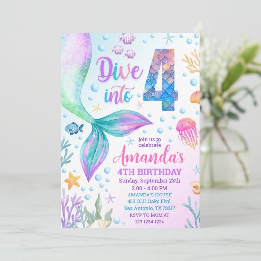 4e zeemeermin uitnodiging, Duik in vier zeemeermin Kaart (Staand voorkant)