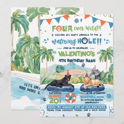 4Ever Wilde Dieren Zwembad Party Verjaardag uitnod Kaart (Voorkant / Achterkant)
