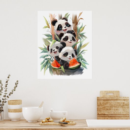 4panda's en een watermeloen poster (Keuken)