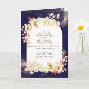 4pg Navy Blue Coral Floral Wedding Invite Programm Kaart