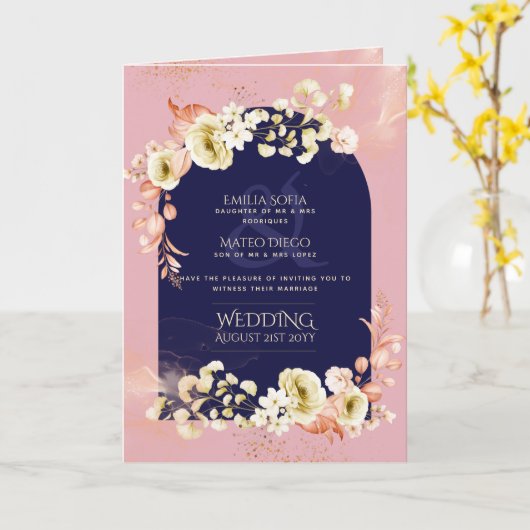 4pg Navy Stof Roze Bloemen Trouw Uitnodiging Progr (Gele Bloem)