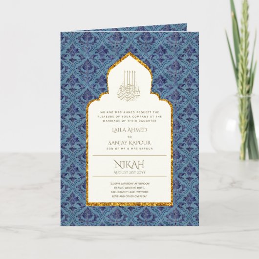 4Pg NIKAH WALIMA Uitnodiging Blauw Sierlijk Islami (Voorkant)