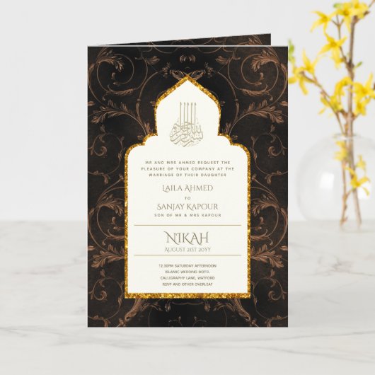 4Pg NIKAH WALIMA Uitnodiging Gouden Sierlijke Isla (Gele Bloem)