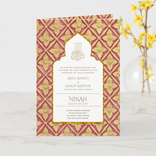 4Pg NIKAH WALIMA Uitnodiging Rood Goud Sierlijk (Gele Bloem)