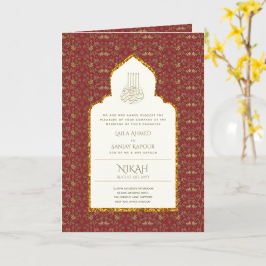 4Pg NIKAH WALIMA Uitnodiging Rood Goud Versierd Is (Gele Bloem)