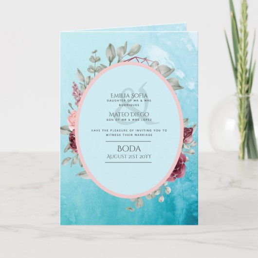 4pg Spaans BODA nodigt Blauwgroen Aqua Blue Burgun Kaart (Voorkant)