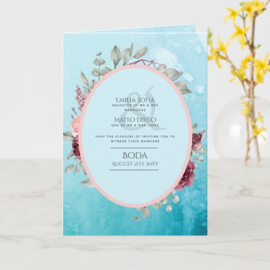 4pg Spaans BODA nodigt Blauwgroen Aqua Blue Burgun Kaart (Gele Bloem)