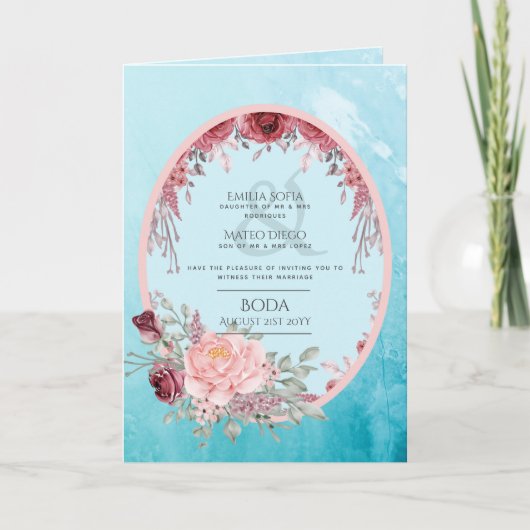 4pg Spaanse BODA uitnodiging Teal Aqua Blauw Burgu (Voorkant)