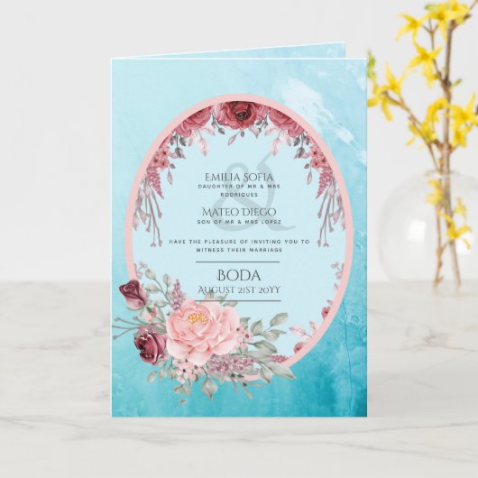 4pg Spaanse BODA uitnodiging Teal Aqua Blauw Burgu (Gele Bloem)