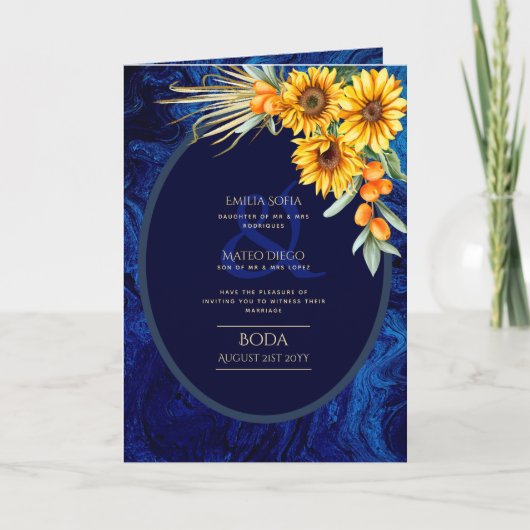 4pg Spaanse BODA-uitnodigingen, Blue Sunflower Car Kaart (Voorkant)