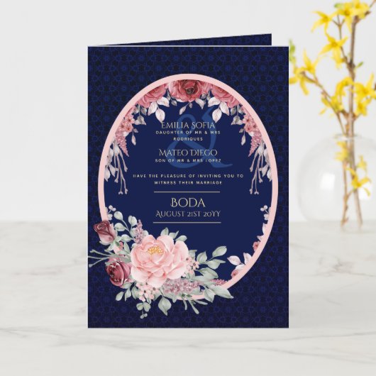 4pg Spaanse BODA-uitnodigingen Navy Blue Burgundy Kaart (Gele Bloem)