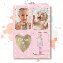 4th Birthday 3 Picture Collage Gold Pink Hearts