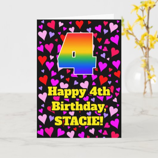 4th Birthday: Loving Hearts Pattern, Rainbow # 4 Kaart (Gele Bloem)