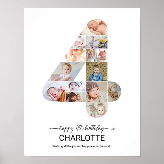 4th Birthday Number 4 Photo Collage Custom Picture Poster (Voorkant)