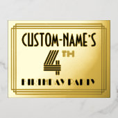 4th Birthday Party ~ Art Deco Style “4” + Name Folie Uitnodiging Briefkaart (Voorkant)