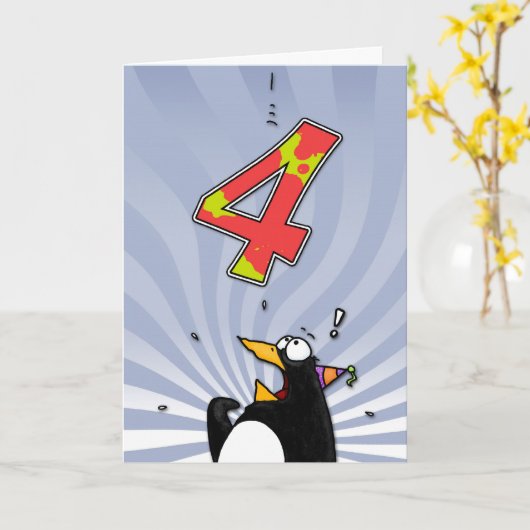 4th Birthday - Penguin Surprise Kaart (Gele Bloem)