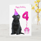 4th Birthday Puppy Theme- Schattige Dog Pink Meisj Kaart (Gele Bloem)