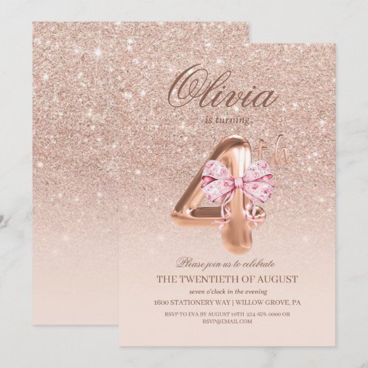 4th Birthday Rose Pink Gold  Bow Birthday Party  Kaart (Voorkant / Achterkant)
