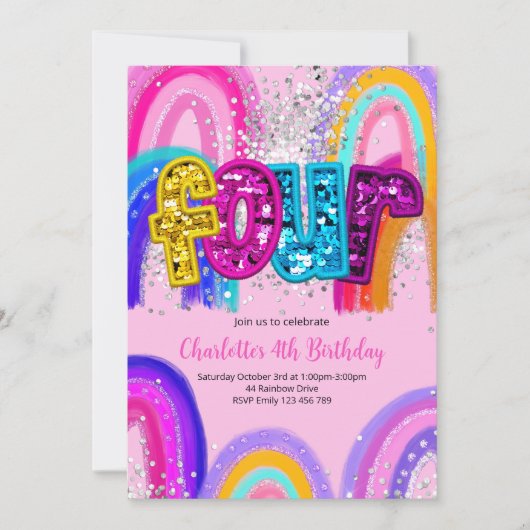 4th Birthday Sequin Rainbow Party Invitation Kaart (Voorkant)