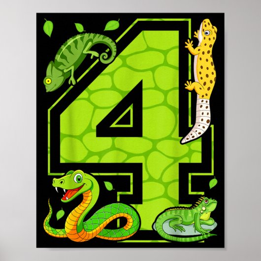 4th Birthday Snake Lizard Reptile 4 Year Old Party Poster (Voorkant)