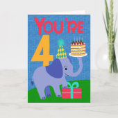 4th Birthday with Elephant and Cake Kaart (Voorkant)