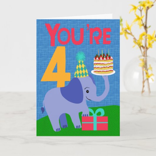 4th Birthday with Elephant and Cake Kaart (Gele Bloem)