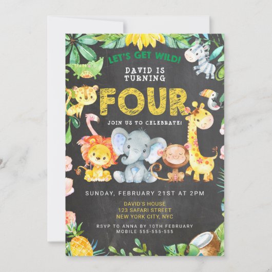 4th Boy Birthday Chalkboard Zoo Animals Oerwoud Kaart (Voorkant)