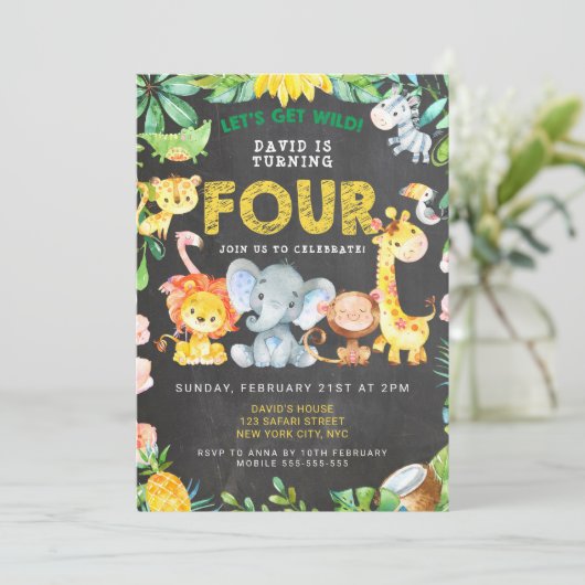 4th Boy Birthday Chalkboard Zoo Animals Oerwoud Kaart (Staand voorkant)