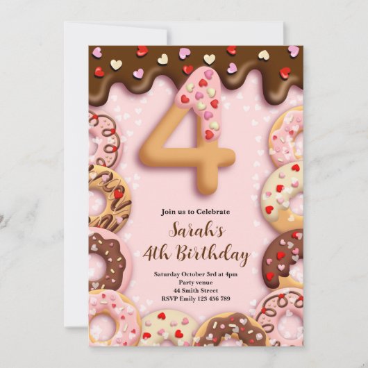 4th Donut Birthday Girls Invitation Kaart (Voorkant)