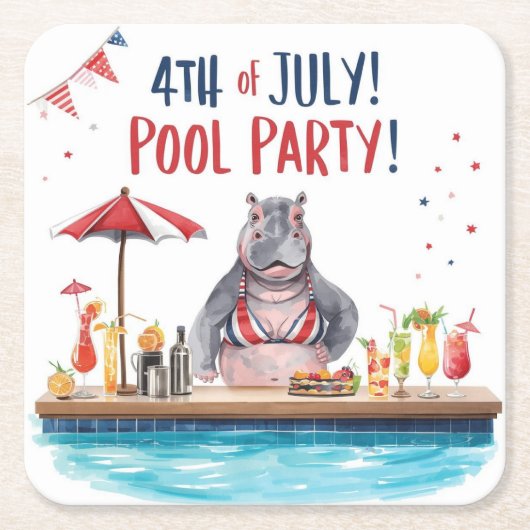 4th July Hippo Bikini in Pool Party  Kartonnen Onderzetters (Voorkant)