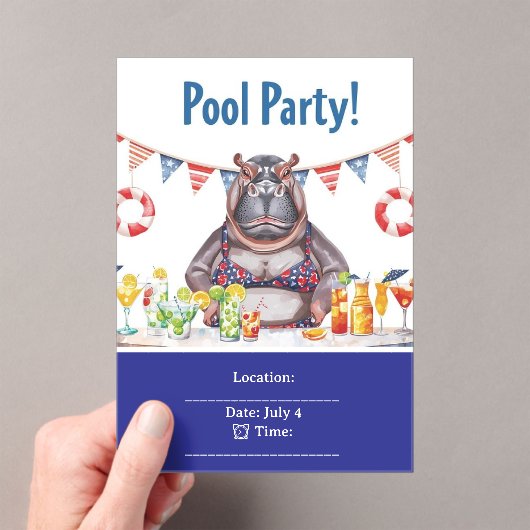 4th July Pool Party with Hippo in Bikini  Acryl Uitnodigingen (Insitu (Draagbaar))