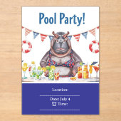 4th July Pool Party with Hippo in Bikini  Acryl Uitnodigingen (Voorkant)