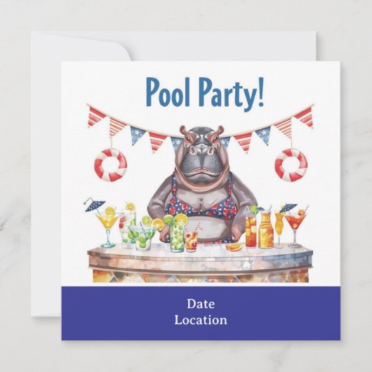 4th July Pool Party with Hippo in Bikini  Kaart (Voorkant)