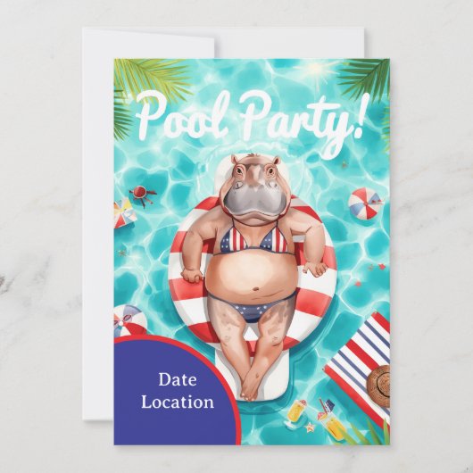 4th July Pool Party with Hippo in Bikini  Kaart (Voorkant)