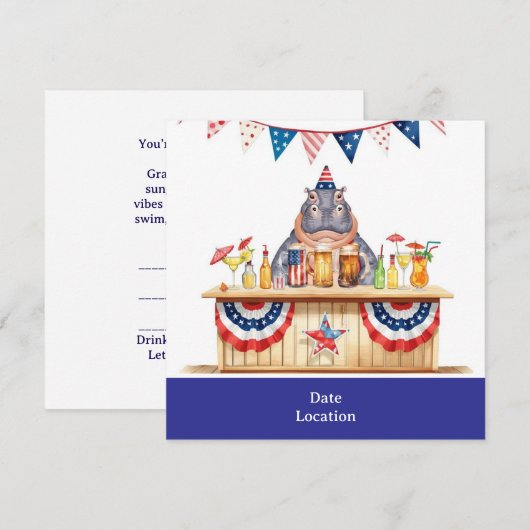 4th July Pool Party with Hippo in Bikini  Save The Date (Voorkant / Achterkant)