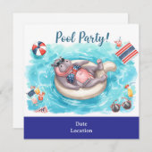 4th July Pool Party with Hippo in Bikini  Save The Date (Voorkant / Achterkant)