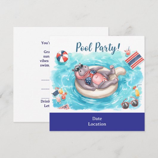 4th July Pool Party with Hippo in Bikini  Save The Date (Voorkant / Achterkant)