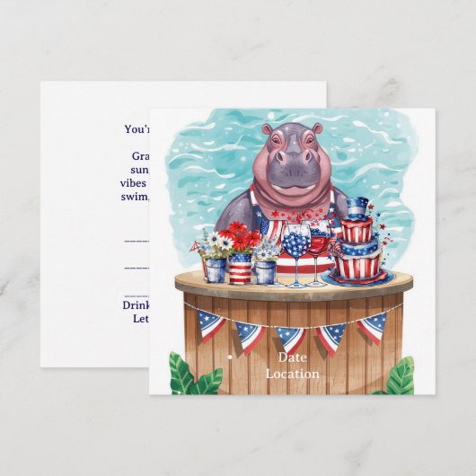 4th July Pool Party with Hippo in Bikini  Save The Date (Voorkant / Achterkant)
